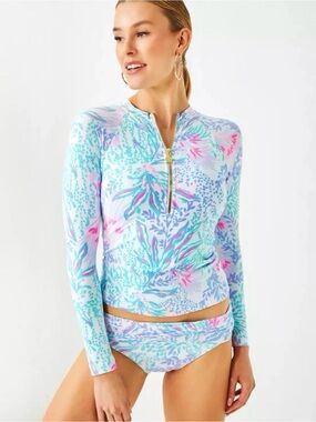 NWT Lilly Pulitzer Nayte Rashguard Swim Top Multi Via Del Mar Engineered Sz 14